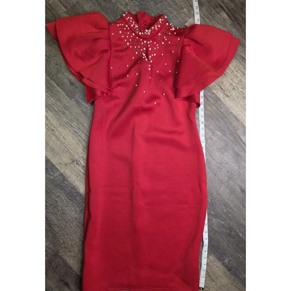 Metamorphosis Girl Womens Red Pearl Embellished Flutter Sleeve Dress Plus 1XL